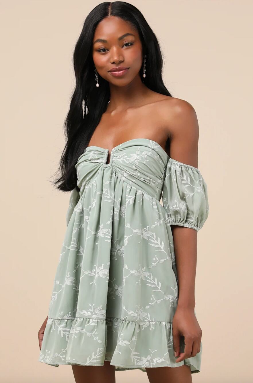 Lulus Cutest Icon Sage Green Embroidered Off-the-Shoulder Mini Dress Small NWT